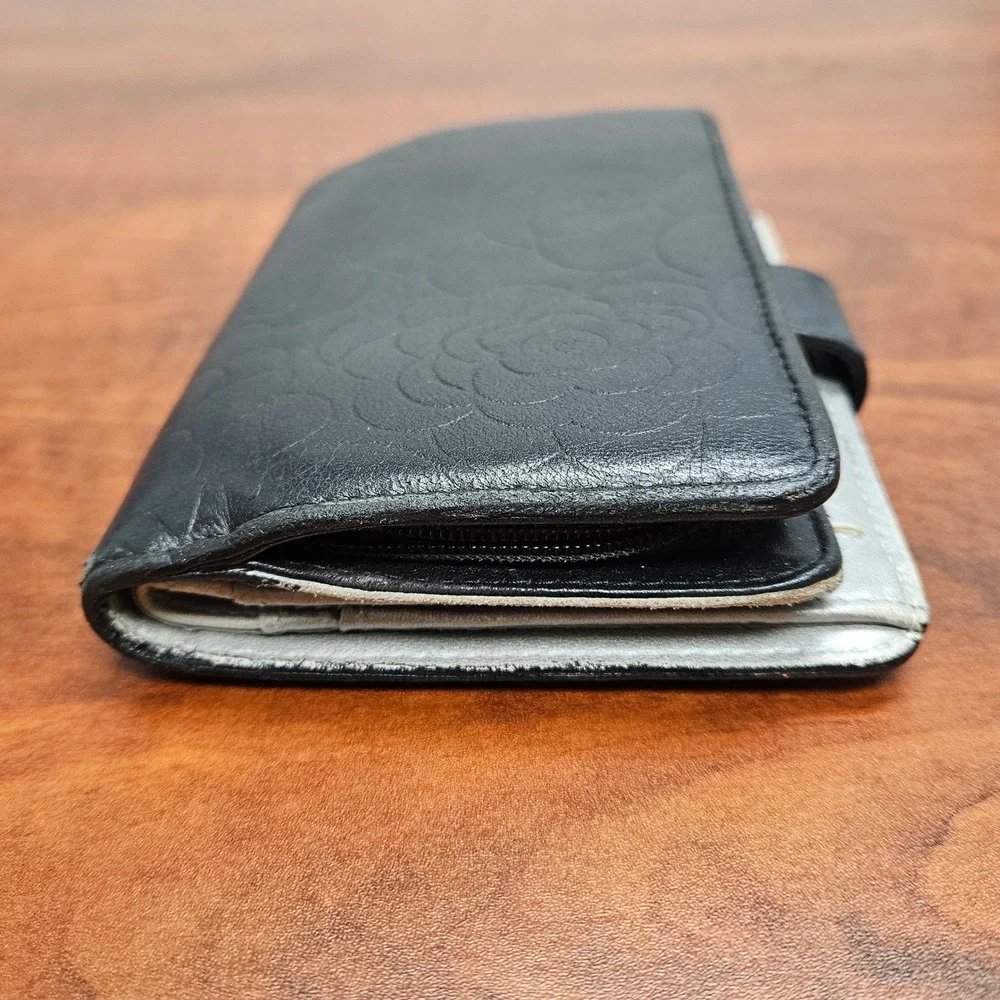 CHANEL Camellia Embossed Lambskin Organizer Wallet Black Silver CC 16 Series